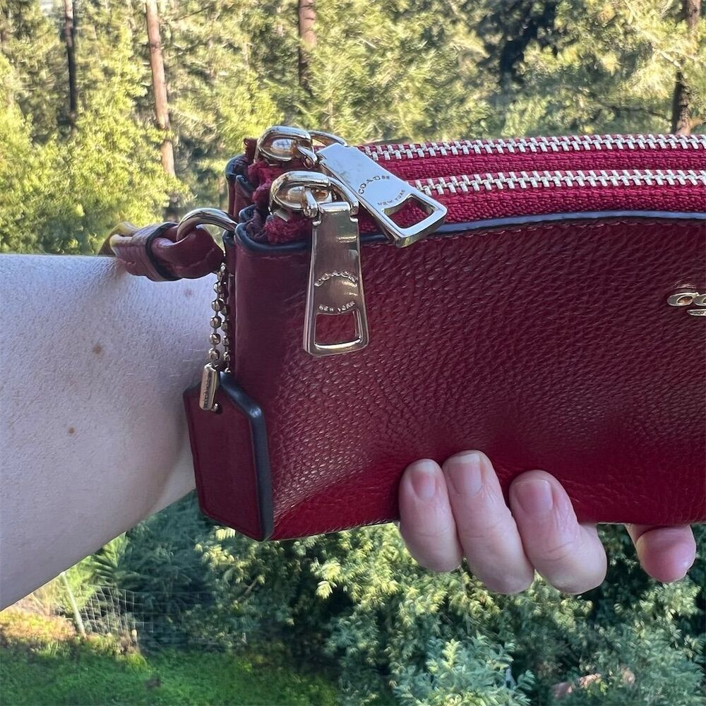 COACH Double Zip Wristlet Phone Wallet Red Pebble Leather Gold Hardware AUTHNTC - Picture 9 of 12